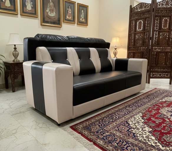 Modern Two-Tone Leatherette 3-Seater Sofa (Black & Beige)